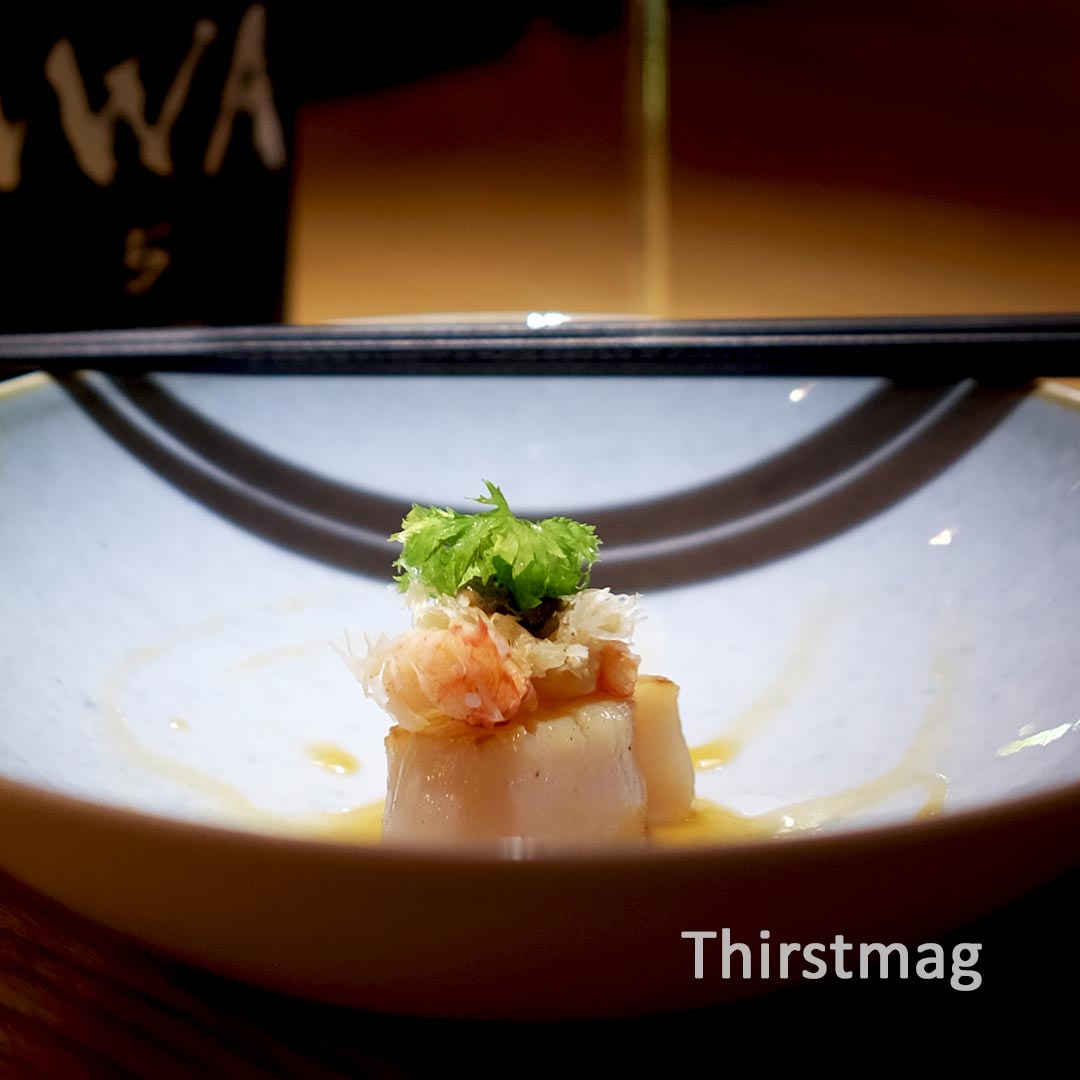 Hikkaido scallops (hotate) with king crab (Tarabagani) GaniMiso and Tare Jyoyu sauce