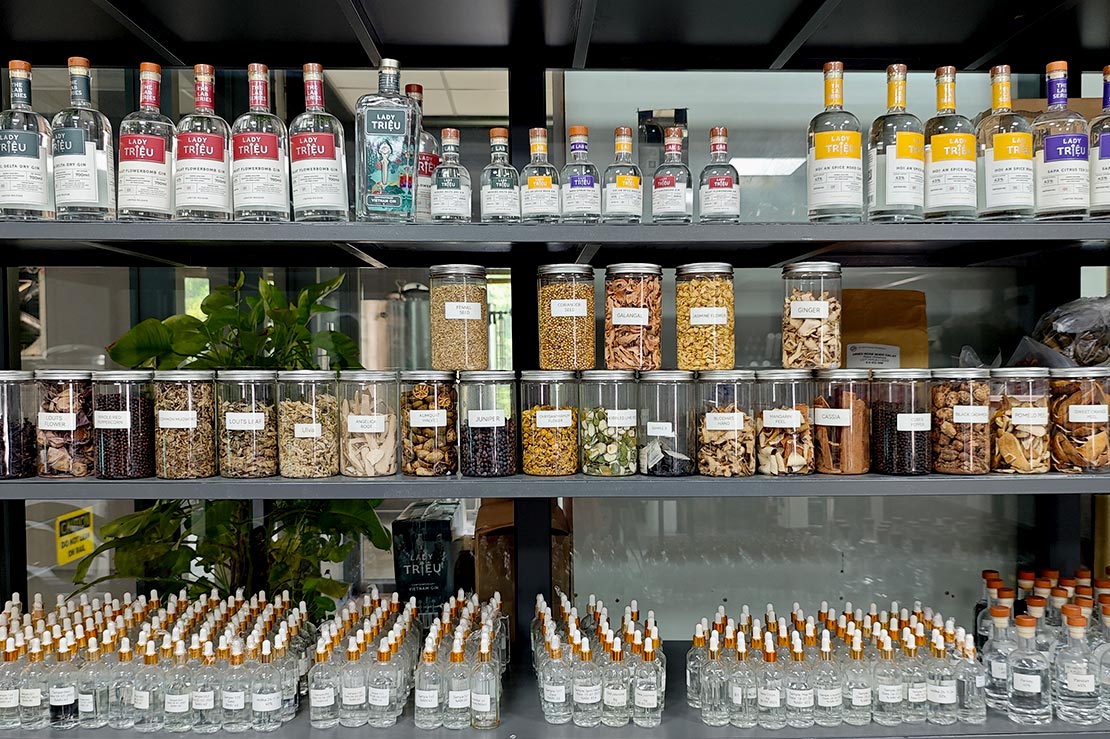 Lady Trieu Distillery spirits shelf